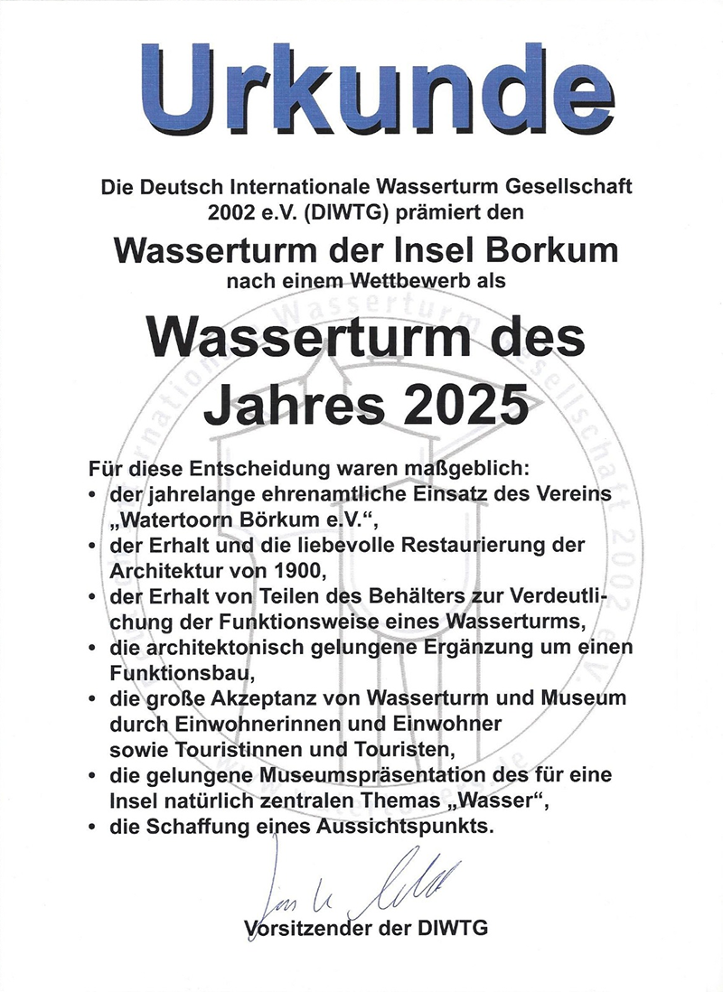 Urkunde Wasserturm Borkum – Wasserturm des Jahres 2025 Urkunde Wasserturm Borkum – Wasserturm des Jahres 2025